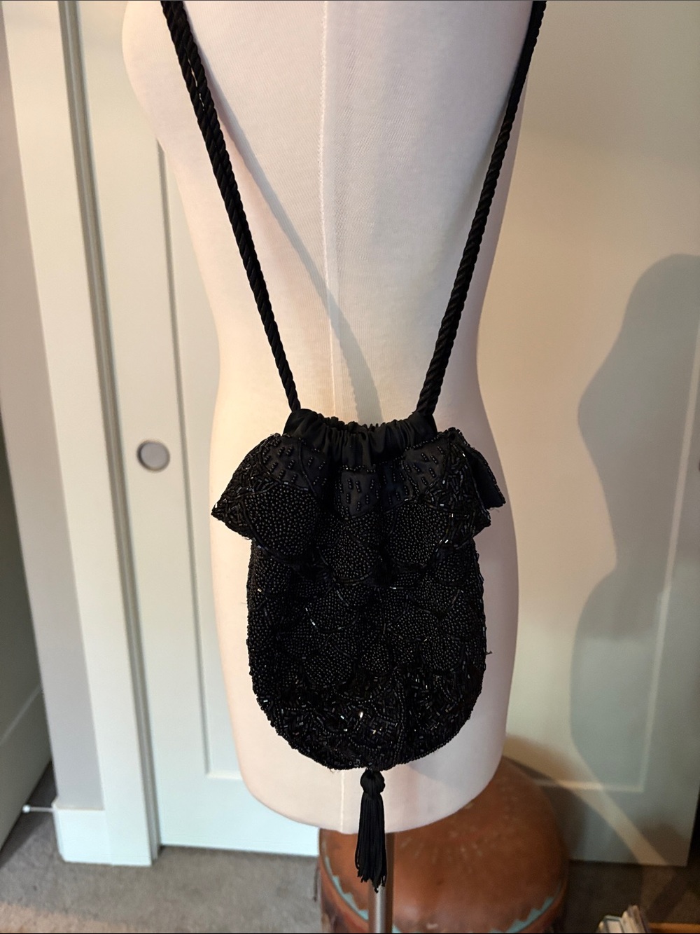 Black Beaded Drawstring Mini Crossbody Bag
